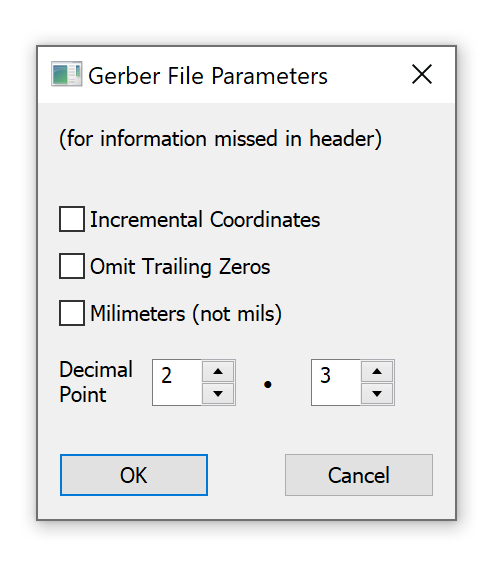 Gerber file format pop-up dialog