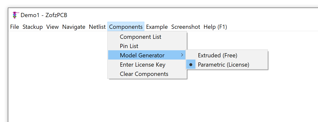 Menu Components Modeler Selection