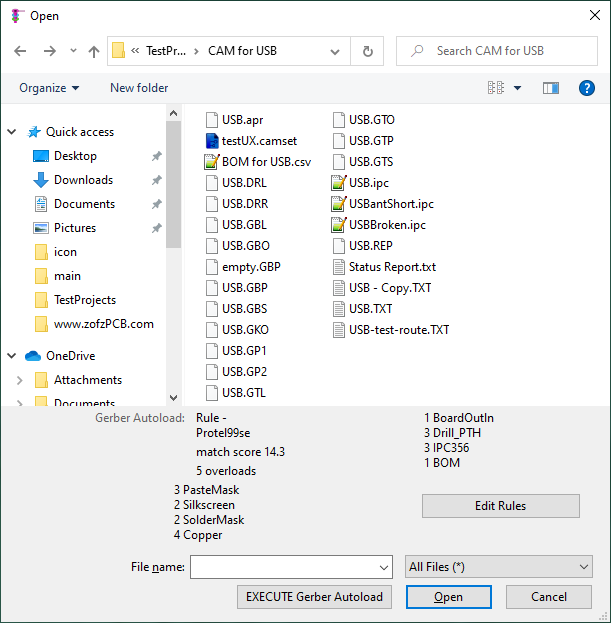 ZofzPCB File Explorer Window, detecting Gerber files