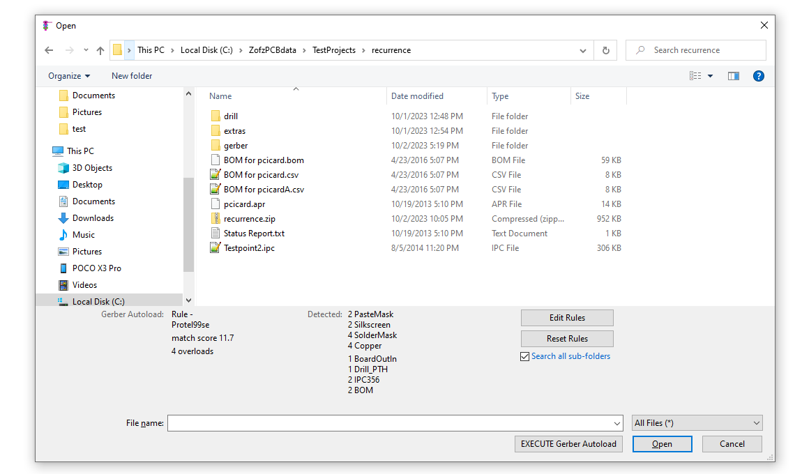 Screenshot, UI element: Gerber Autoload File Dialog
