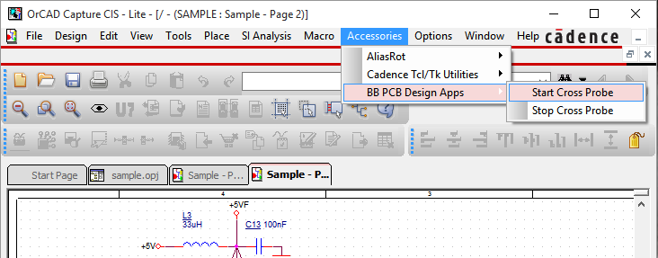 Menu: Accessories/BB PCB Design Aps/Start Cross Probe