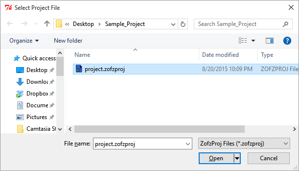 Select Project File dialog box